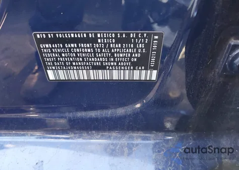 2013 Volkswagen Jetta 2.0L S из США, поврежденный, VIN 3VW2K7AJ4DM400307